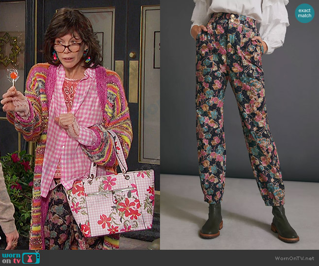 Anthropologie Anisa Floral Corduroy Joggers worn by Susan (Stacy Haiduk) on Days of our Lives