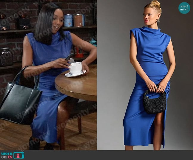 Anthropologie The Maya Ruched Cowl-Neck Dress in Blue worn by Jordan Ashford (Tanisha Mariko Harper) on General Hospital