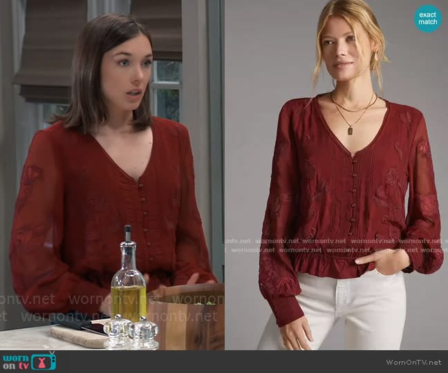 Anthropologie Embroidered Floral Buttondown worn by Willow Tait (Katelyn MacMullen) on General Hospital