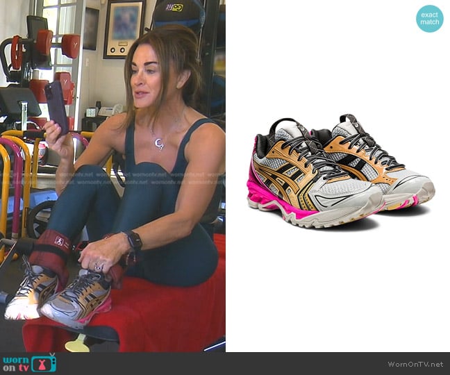 Asics UB1-S GEL-KAYANO 14 Sneakers in Oyster Grey/Pink Glo worn by Kyle Richards on The Real Housewives of Beverly Hills