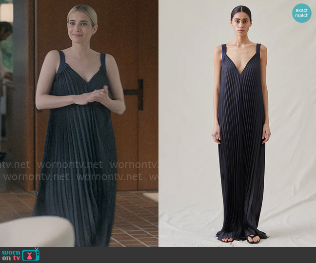 Anna’s navy blue pleated maxi dress on American Horror Story Delicate
