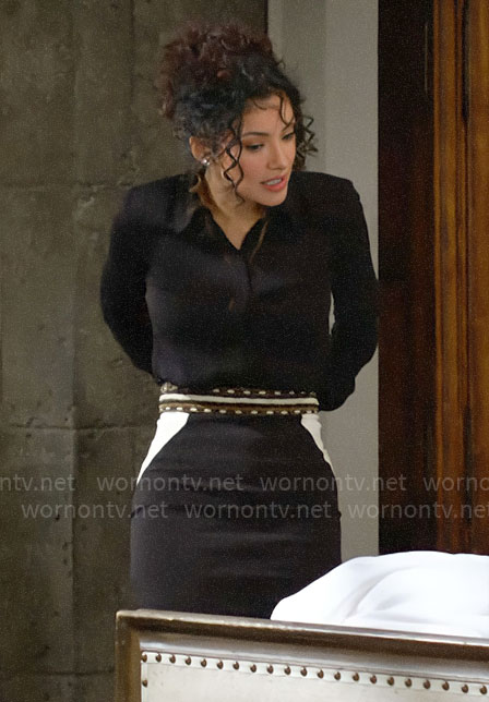 Audra's black and white pencil skirt with beaded belt on The Young and the Restless