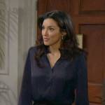 Audra’s navy ruffled button front blouse on The Young and the Restless