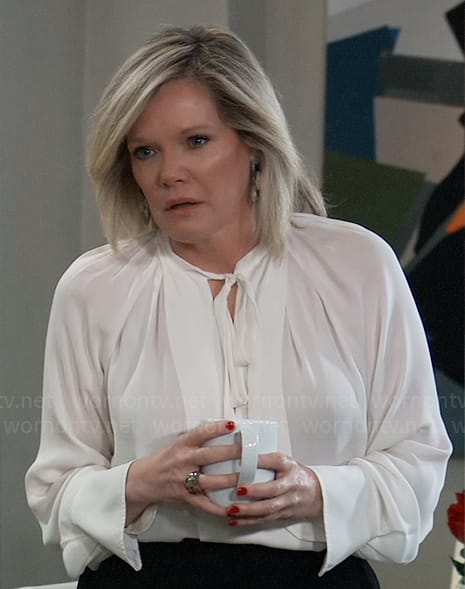 Ava’s white tie neck blouse on General Hospital