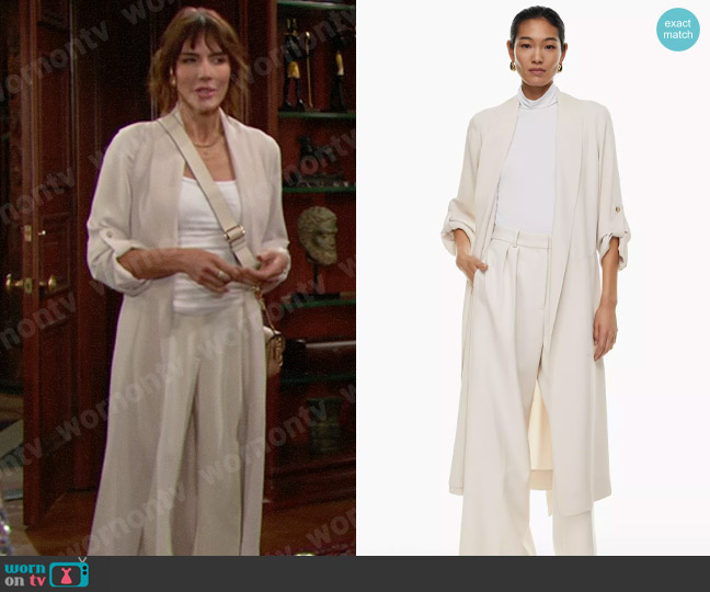 Babaton at Aritzia New Kahlo Robe in Matte Pearl worn by Taylor Hayes (Krista Allen) on The Bold and the Beautiful