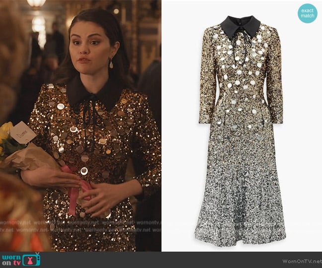 Badgley Mischka Satin-trimmed sequined tulle midi dress worn by Mabel Mora (Selena Gomez) on Only Murders in the Building