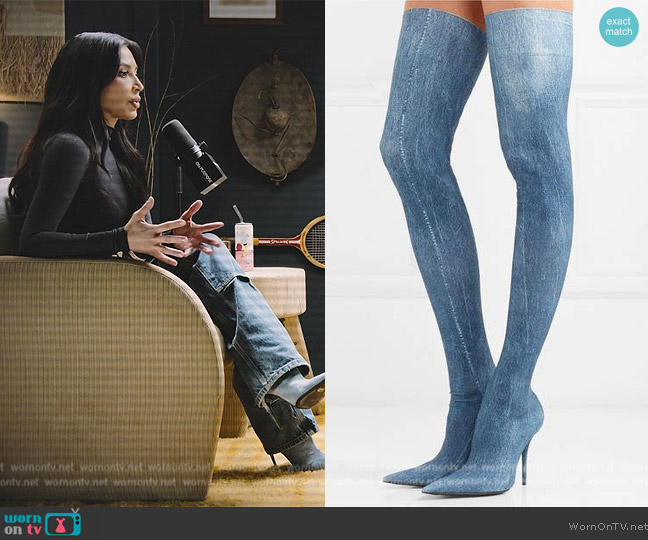 Balenciaga Denim Print Knife Thigh High Boots worn by Kim Kardashian (Kim Kardashian) on The Kardashians