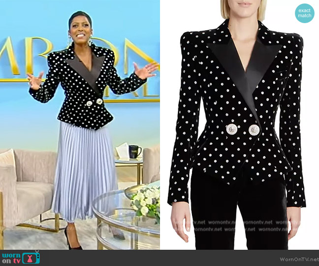 Balmain Satin-trimmed button-embellished polka-dot glittered velvet blazer worn by Tamron Hall on Tamron Hall Show