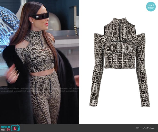 Balmain Monogram-Pattern Long-Sleeve Top worn by Angie Katsanevas on The Real Housewives of Salt Lake City