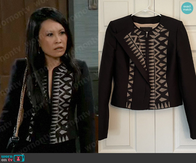 Bcbgmaxazria Lace Geometric Print Jacket worn by Selina Wu (Lydia Look) on General Hospital