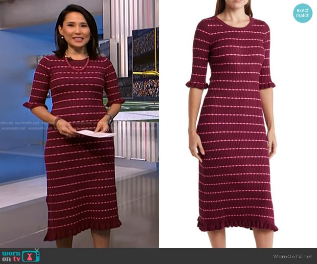 Betsey Johnson Striped Ruffle Trim Sweater Dress in Raspberry Radiance worn by Vicky Nguyen on NBC News Daily