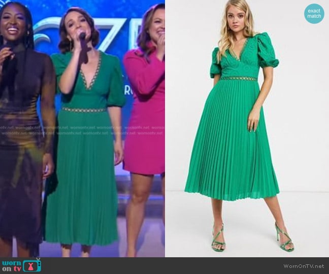 Asos Broderie Pleated Midi Dress with Puff Sleeve in emerald green worn by Kara Lindsay on Good Morning America