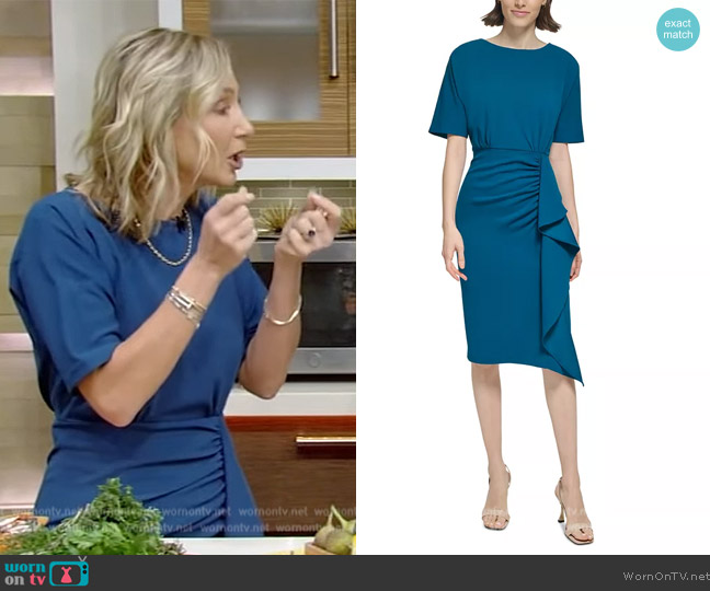 Calvin Klein Dolman Short Sleeve Ruffle Sheath Dress worn by Dr Melina Jampolis on Live with Kelly and Mark