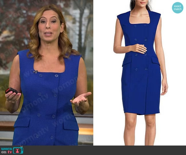 Calvin Klein Square Neck Double Breasted Sheath Dress in Regatta Blue worn by Stephanie Abrams on CBS Mornings