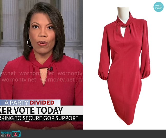 Calvin Klein Twist Crew Neck Sheath Dress in Cranberry worn by Nikole Killion on CBS Mornings