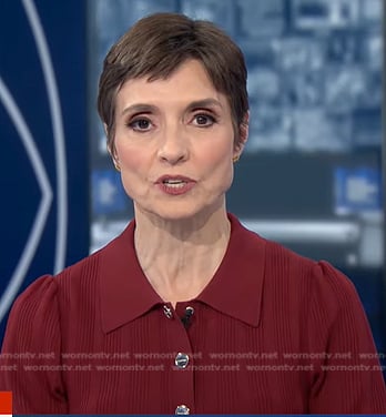 Catherine Herridge’s burgundy ribbed knit polo dress on CBS Evening News