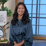 Chi-Lan Lieu’s blue satin tie waist dress on The Talk