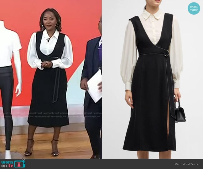 Cinq a Sept Ambre Belted Midi Combo Crepe Shirtdress worn by Makho Ndlovu on Today