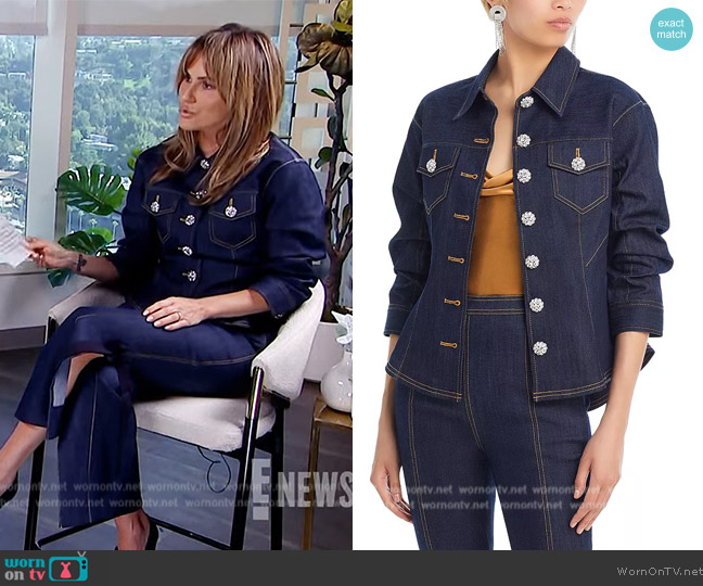 Cinq a Sept Canyon Jeweled Scrunched-Sleeve Denim Jacket worn by Keltie Knight on E! News