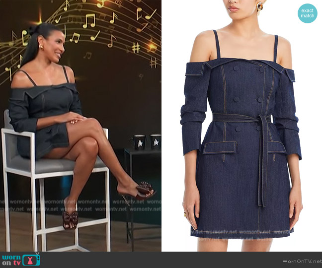 Cinq a Sept Malinda Denim Off The Shoulder Dress worn by Julissa Bermudez on Access Hollywood