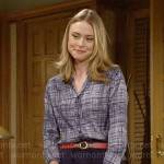 Claire’s crosshatch print shirt and navy skirt on The Young and the Restless