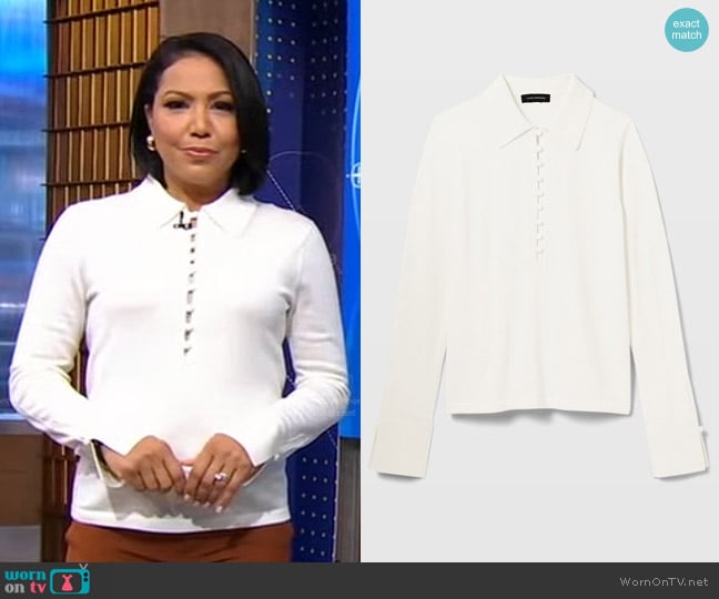 Club Monaco Collared Button Sweater in Blanc de Blanc worn by Stephanie Ramos on Good Morning America