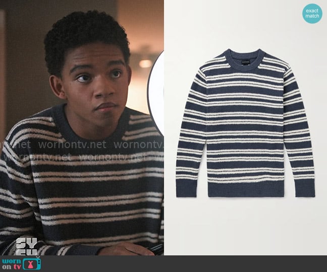 Club Monaco Striped Cotton-Blend Bouclé Sweater worn by Devon Evans (Björgvin Arnarson) on Chucky