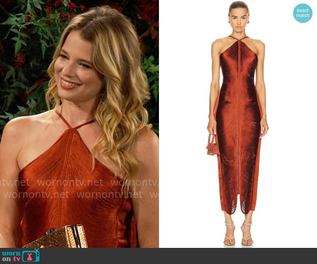 Cult Gaia Renata Gown in Bronze worn by Summer Newman (Allison Lanier) on The Young and the Restless