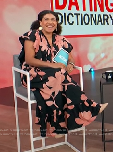 Damona Hoffman’s black floral print dress on Access Hollywood