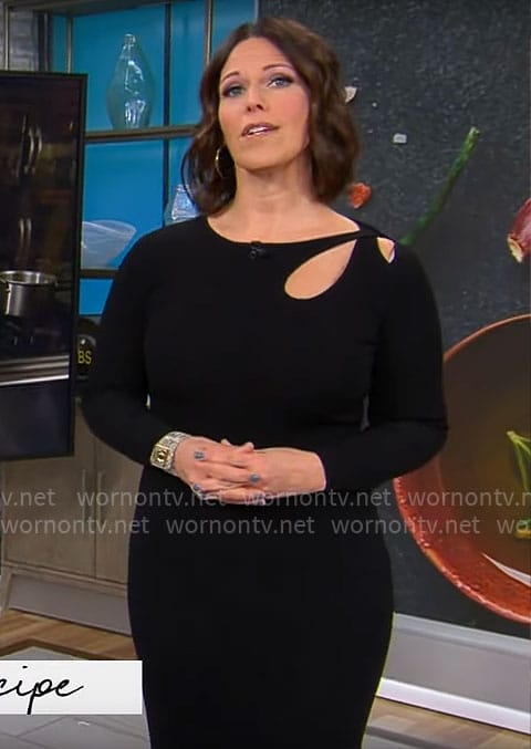 Dana Jacobson’s black cutout shoulder dress on CBS Saturday Morning