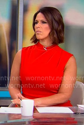 Dana Jacobson’s red draped shoulder dress on CBS Saturday Morning