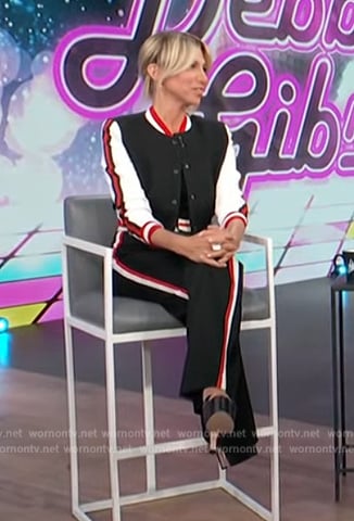 Debbie Gibson's contrast stripe jacket and pants on Access Hollywood