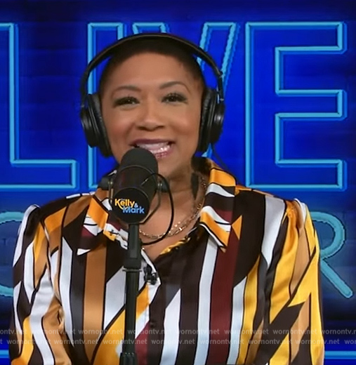 Deja Vu’s satin striped shirtdress on Live with Kelly and Mark