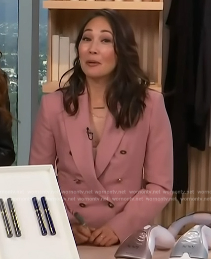 Diane Mizota’s pink double breasted blazer on Access Hollywood