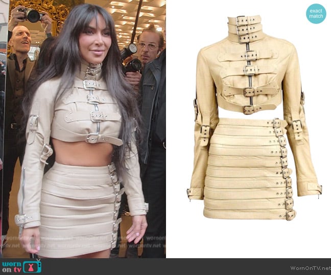 Dolce and Gabbana Buckle Leather Jacket and Skirt worn by Kim Kardashian (Kim Kardashian) on The Kardashians