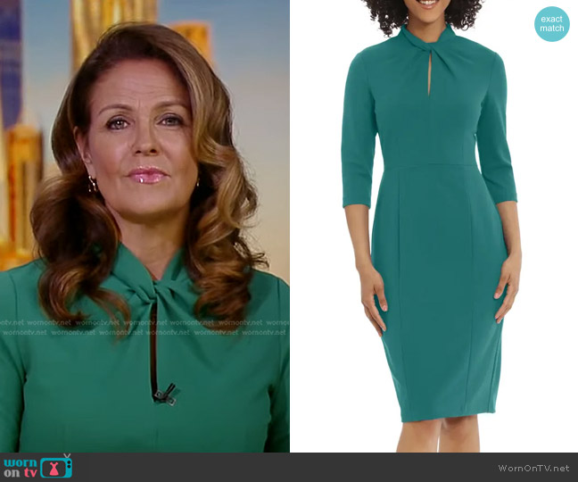 Donna Morgan Crepe Three-Quarter Sleeve Sheath Dress in Shaded Spruce worn by Michelle Charlesworth on Good Morning America