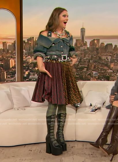 Drew's denim cold shoulder jacket on The Drew Barrymore Show