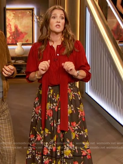 Drew's black floral print skirt on The Drew Barrymore Show