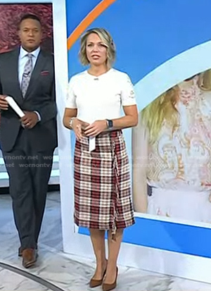Dylan's white lace short sleeve top and plaid wrap skirt on Today
