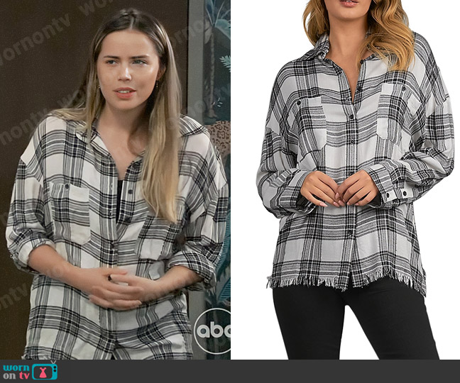 Elan Frayed Plaid Shirt in White Black worn by Sasha Gilmore (Sofia Mattsson) on General Hospital