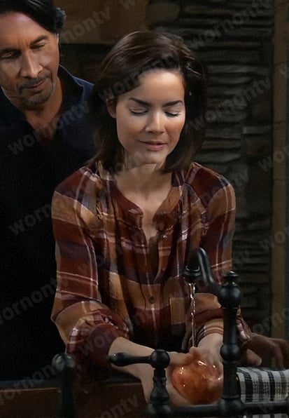 Elizabeth's brown plaid button front top on General Hospital