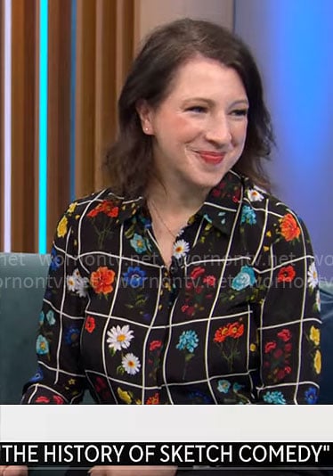 Elle Key’s black floral and checked blouse on CBS Mornings