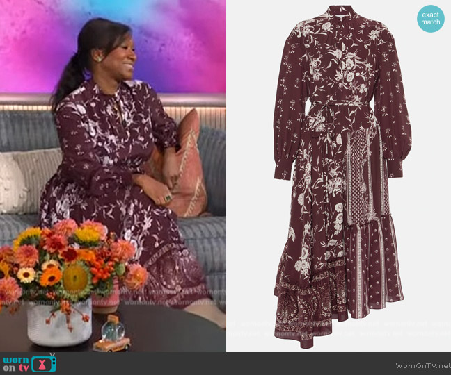 Erdem Ruffled floral silk midi dress worn by Nicole Avant on The Kelly Clarkson Show