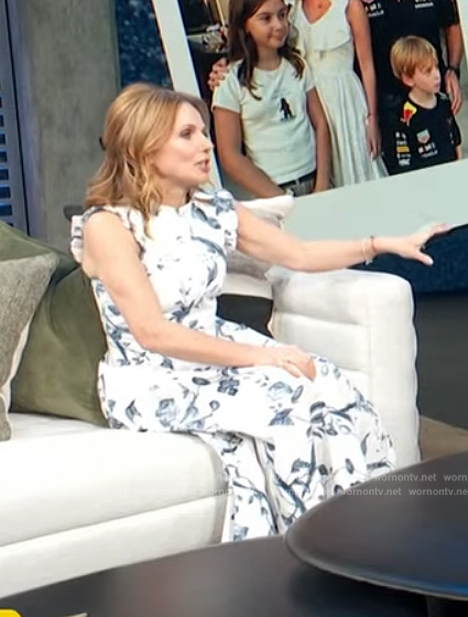 Geri Halliwell’s white floral print sleeveless dress on Access Hollywood