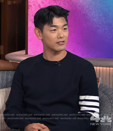 Eric Nam’s navy sleeve stripe sweater on The Kelly Clarkson Show