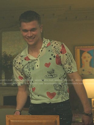 Eric's white heart print polo shirt on Elite