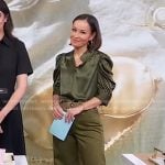 Eva’s green satin blouse and flare pants on Good Morning America