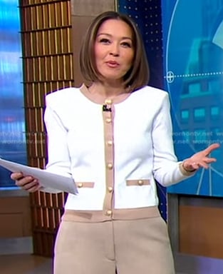 Eva's white contrast trim cardigan on Good Morning America