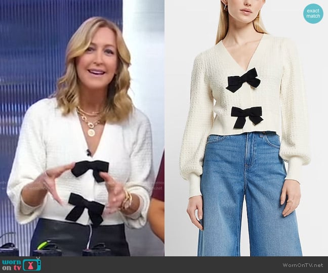 Express V-Neck Bow Cardigan worn by Lara Spencer on Good Morning America