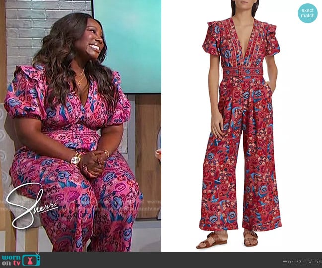 FARM Rio Floral Birds Blush Jumpsuit worn by Nicole Walters on Sherri